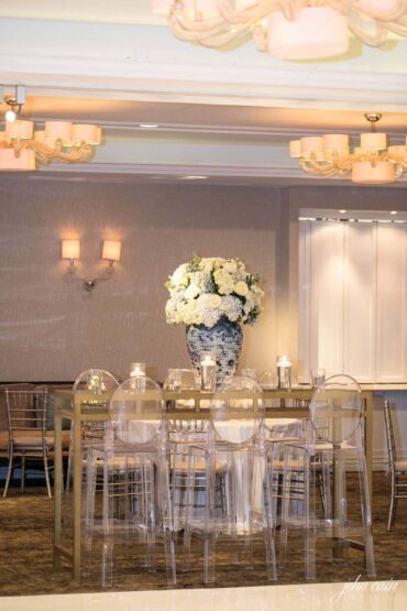 Gold and Mirrored Communal Table with Ghost Barstools with Back at The Rosewood Mansion on Turtle Creek | Park Cities Events