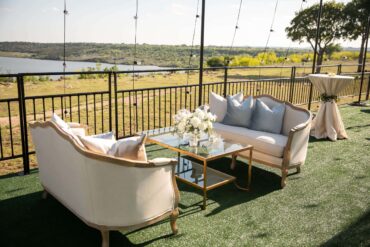 Diana Loveseat with BLUE 002 and GOLD 007 at Possum Kingdom Lake | Branching Out Floral and Event Design | Haylie Paige Events