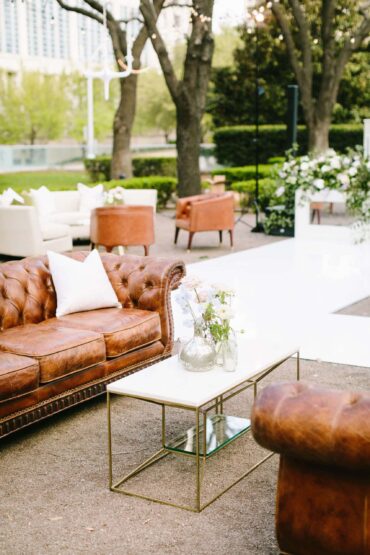 Lindsey Coffee Table with White Marble Top and Georgia Sofa at Marie Gabrielle | Anna Eisenlohr Events
