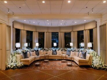 Extended Charlotte Banquette with Marble Accent Tables and Perch Pillows at Brook Hollow Golf Club wedding | Sara Fay Egan Events