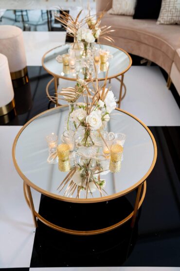 Olivia Coffee Table with Champagne Stella Stools, Extended Charlotte Banquette, and El Dorado Bar | Kirstin Rose Events | Great Gatsby Party