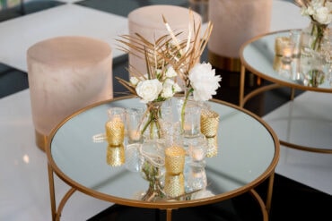 Olivia Coffee Table with Champagne Stella Stools, Extended Charlotte Banquette, and El Dorado Bar | Kirstin Rose Events | Great Gatsby Party