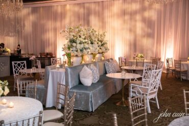 Madeline Banquette with Marble and Gold Bistro Table, Chelsea Chair, BLUE 043, and WHITE 008 at Dallas Country Club | Kirstin Rose | Garden Gate Floral