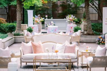 Diana Sofa with Edward Cane Back Arm Chair, Gold and Glass Coffee Table, Marble Accent Table, White Garden Stool, PINK 020, PINK 021, PINK 023, IVORY 004 at Hotel Crescent Court | Olivia Hoover Events | Rachel Elaine Photography | Southern Social Magazine