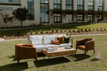 Versailles Sofa with Wood and Iron Coffee Table and Henry Arm Chairs | Jess Wegner Events | Omni Barton Creek
