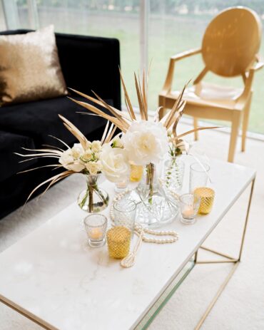 Lindsey Coffee Table with White Marble Top, Gold Arm Chair, and Jack Sofa | Kirstin Rose Events | Great Gatsby Party