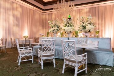 Madeline Banquette with Marble and Gold Bistro Table, Chelsea Chair, BLUE 043, and WHITE 008 at Dallas Country Club | Kirstin Rose | Garden Gate Floral