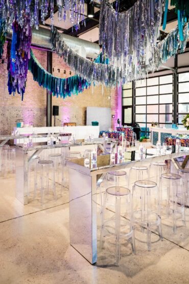 Mirrored Communal Table with Ghost Barstools at The Ripley Building | Brock & Co. Events