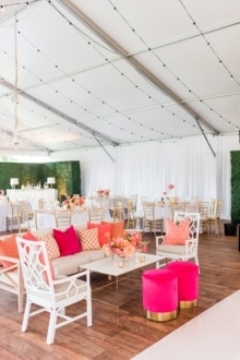 Miller Sofa, Chelsea Chairs, Marble Bamboo Coffee Table, Fuschia Stella Stools | Sarabeth Events