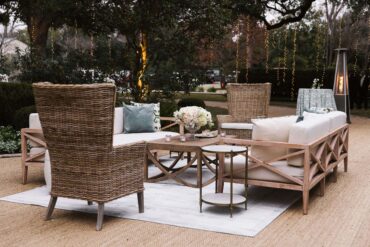 Miller Sofa, Maybelle Chair, Carson Coffee Table, White Garden Stool, and Marble Accent Table | Cloche Events