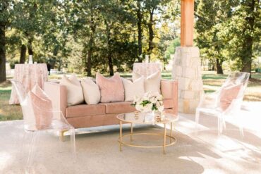 Wynn Sofa with Olivia Coffee Table and Sky Ghost Chairs at Oak + Ivy Venue | Sarabeth Events