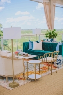 Oxford Sofa with Diana Sofa, Marble Bamboo Coffee Table, Gold Block Floor Lamp, Marble Accent Table, Brass Bamboo Arm Chair, and Blue and White Stool | Cloche Events | San Angelo Wedding