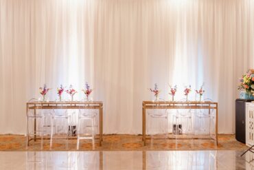 Gold and Mirrored Communal Tables with Ghost Barstools with Back at Fort Worth Club | Abbie O Events