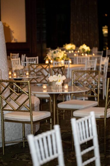 Marble and Gold Bistro Tables with Brass Bamboo Side Chairs at Dallas Country Club | Weddings a la Carte | Garden Gate Floral