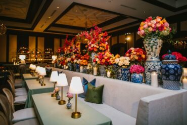 Lane Banquettes, William Dining Chairs, Gold Table Lamps at Dallas Country Club | Caroline Jurgenson Photography | Garden Gate Floral