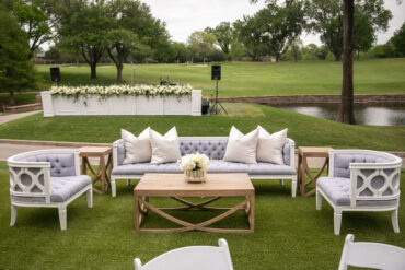 Beverly Sofa, Beverly Chair, Carson Coffee Table, Carson Side Table, and Hampton Stage Facade at Dallas Country Club | Garden Gate Floral | John Cain Photography
