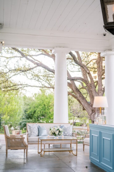 Jackson Bar Facade, Edward Sofa, Edward Cane Back Arm Chair, Gold and Glass Coffee Table, BLUE 002, and BLUE 043 at Arlington Hall | Engaged Events | Branching Out Events