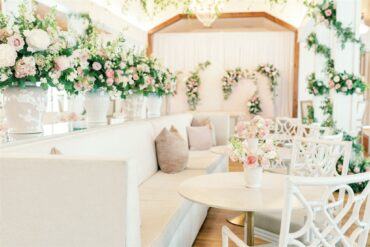Marble and Gold Bistro Table with Chelsea Chairs and Lane Banquettes | Something Pretty Floral