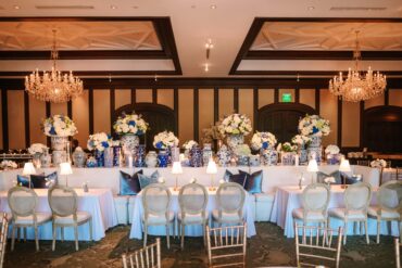 Lane Banquettes, William Dining Chairs, Gold Table Lamps at Dallas Country Club | Caroline Jurgenson Photography | Garden Gate Floral