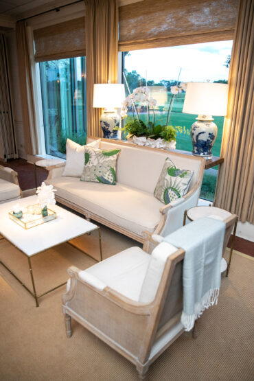 Edward Sofa, Edward Cane Back Arm Chairs, Marble Bamboo Coffee Table, Marble Accent Tables, Beige Sisal Rug, Blue and White Porcelain Lamps at Brook Hollow Golf Club | Kirstin Rose Events