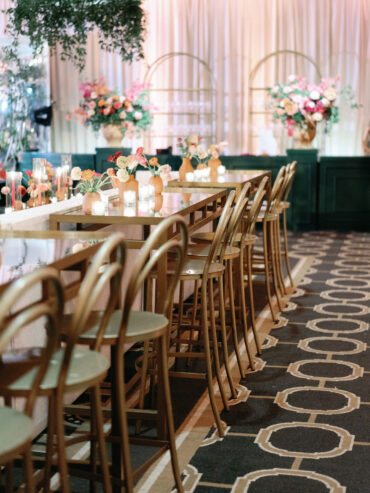 Gold Barstools with Gold and Mirrored Communal Tables at Austin Country Club | Verve Austin