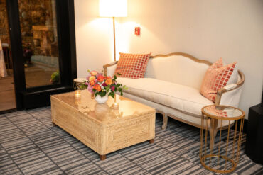 Diana Sofa with Sailor Coffee Table, PINK 023, and Pair of Gail Accent Tables at Four Seasons Vail | Elizabeth Events Co