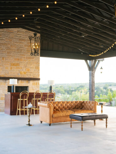 Georgia Sofa with Brown Leather Ottoman, Gold Martini Tables, Manhattan Bar, and Gold Barstools at Dove Ridge Vineyard | Shannon Rose Events