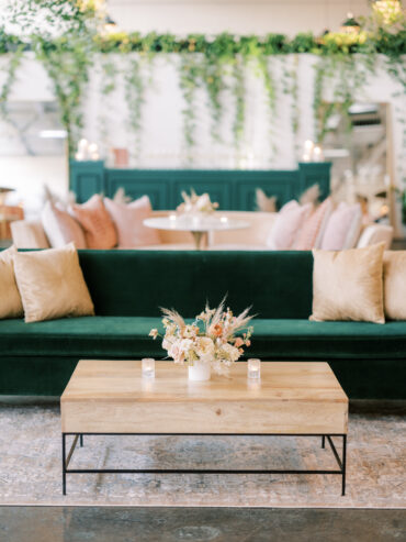 London Sofa with Wood and Iron Coffee Table at the Place at Tyler | Saunter Weddings