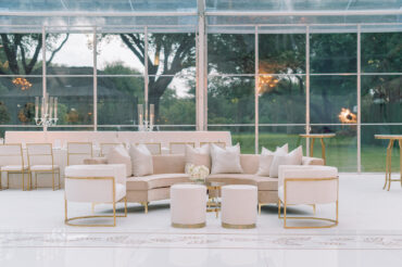 Charlotte Banquette with Brittany Coffee Table, Ivory Channing Chairs, and Ivory Stella Stools | Engaged Events | Madi Prewett | Prewett-Troutt Wedding | Something Pretty Floral | Jordan Kahn Music Orchestra
