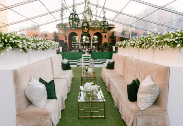Delano Champagne Banquettes with Blake Coffee Tables and Hamilton Stage Facade at The Rosewood Mansion on Turtle Creek | Haylie Paige Events | Branching Out