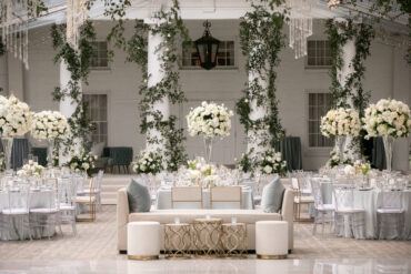 Caroline Bench with Ivory Stella Stools and Pair of Gwyn Accent Tables at Arlington Hall | Jess Wegner Events | Branching Out