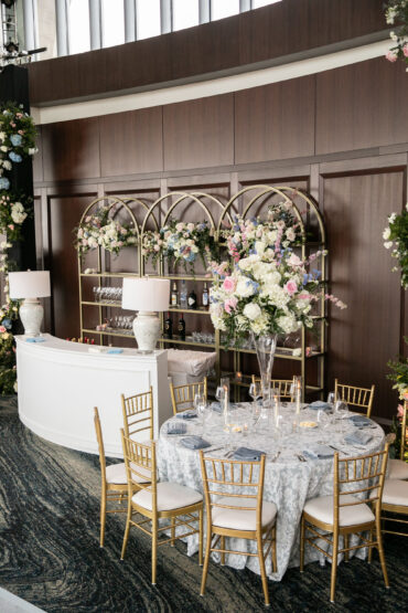 Newport Bar with Gold Curved Shelves and Pearl Lamps at The Dallas Petroleum Club | GRO Designs