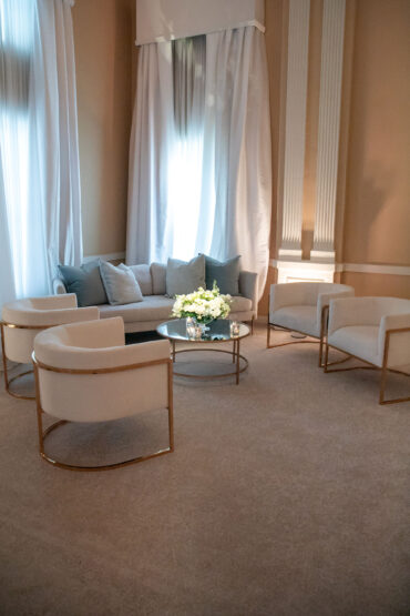 Ellie Sofa with Ivory Channing Chairs and Olivia Coffee Table at Arlington Hall | Jess Wegner Events | Branching Out Events