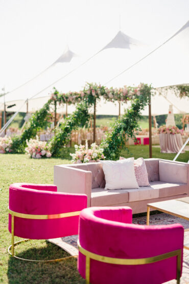 Wynn Sofa with Hot Pink Channing Chairs | Amanda Reed