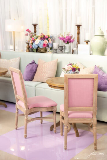 Natural Wood Arthur Dining Chair with Light Pink Linen Cushions at Arlington Hall Spring Soiree