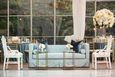 Marble Accent Table, Macy Sofa, Blue 041 at Arlington Hall | Jess Wegner Events | Three Branches Floral