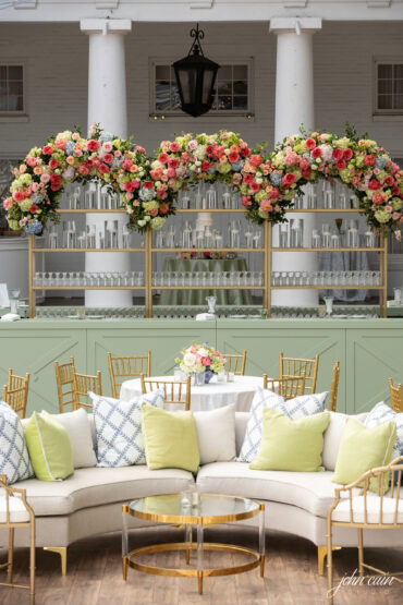 Annie Bar Facade, Gold Curved Shelf, Lauren Banquette, Brittany Coffee Table, Brass Bamboo Arm Chair, Blue 049, Green 010 at Arlington Hall | Haylie Paige Events | Branching Out