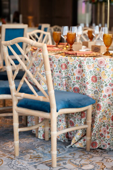 Natural Wood Gracie Dining Chair with Navy Velvet Cushion at Bowie House | Tami Winn