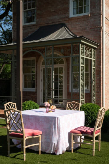 Natural Wood Gracie Dining Chairs with Coral Velvet Cushion at a Private Residence | Clara Elaine Events