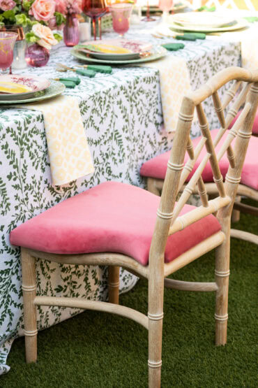 Natural Wood Gracie Dining Chairs with Coral Velvet Cushion at a Private Residence | Clara Elaine Events