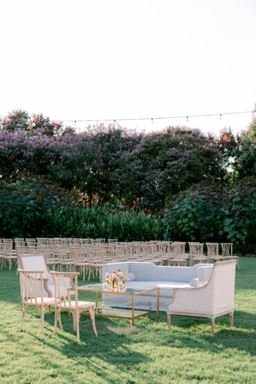 Macy Sofa with Gold and Glass Coffee Table and Ivory Linen Arm Chairs at Dallas Arboretum Open House