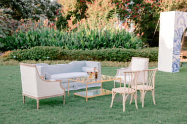 Macy Sofa with Gold and Glass Coffee Table and Ivory Linen Arm Chairs at Dallas Arboretum Open House