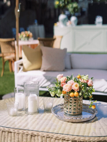 Rattan Coffee Table at Dallas Country Club | Three Branches Floral | Ash Event Co