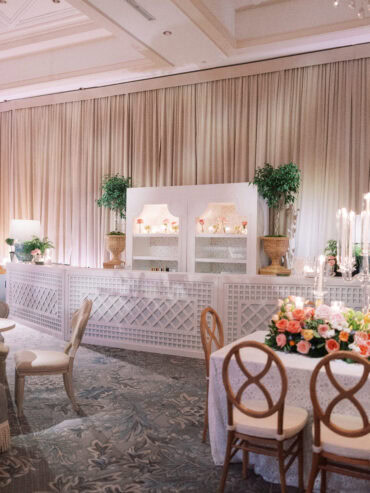 White Lattice Bars with Harper Shelves with Custom Vinyl at Dallas Country Club | Three Branches Floral | Ash Event Co