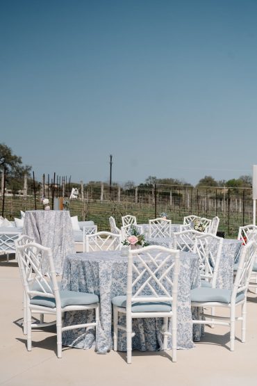 White Gracie Dining Chairs with Blue Linen Cushion at Villas at the Vineyard | Pearl Events