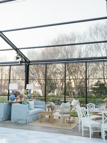 Macy Sofa with Kelsey Coffee Table, Beige Sisal Rug, Phillip Arm CHair, Tuscany Console Table, and Blue Gourd Lamp at the Dallas Arboretum | Ann Travis Events