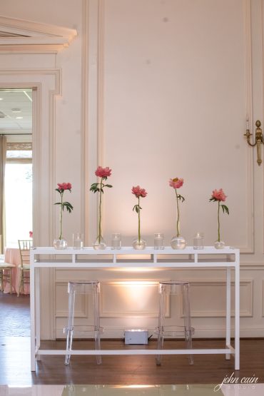 White and Mirrored Communal Table with Ghost Barstools | Brook Hollow Golf Club | Weddings a la Carte