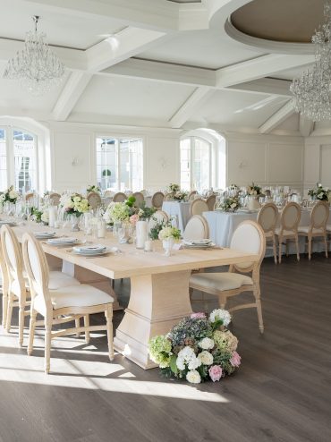 Natural Wood Delaney Dining Table with Edward Dining Chairs with Natural Linen Cushions at The Hillside Estate