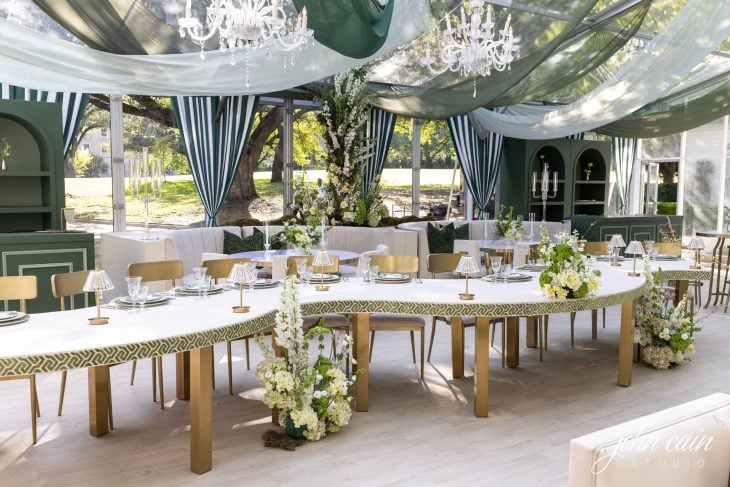 Bradley Serpentine Dining Tables with Custom Topper and Custom Trim with Talaber Dining Chairs at Arlington Hall Open House | Dr. Delphinium