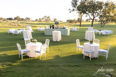 White Gracie Dining Chair with Light Blue Linen Cushion and Annie Bar Facade at Brook Hollow | Alison Baker Events